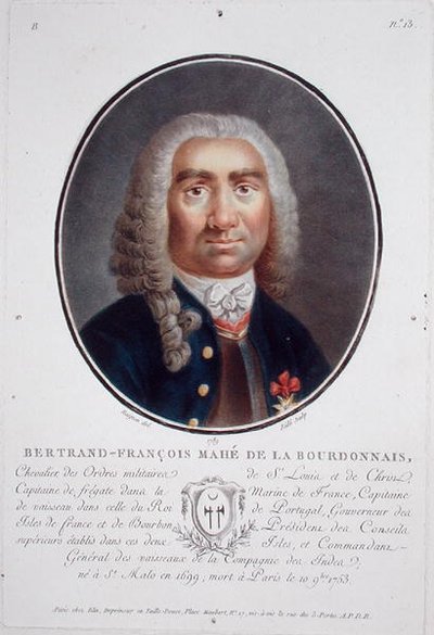 Bertrand-Francois Mahe de la Bourdonnais (1699-1753) från "Porträtt av stora män, berömda kvinnor och minnesvärda ämnen i Frankrike", graverad av Ride, publicerad 1787-92 (färg litho) av Jean Claude (after) Naigeon
