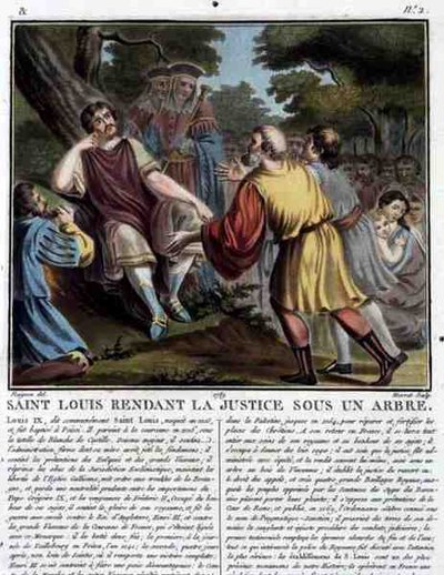 Saint Louis (1215-70) gör rättvisa under ett träd, graverad av Jean Baptiste Morret (fl. 1790-1820) 1789 (färgad gravyr) av Jean Claude (after) Naigeon