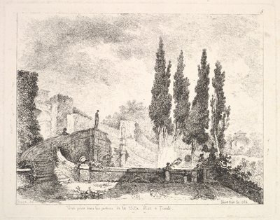 Utsikt över trädgårdarna vid Villa dEste i Tivoli, cyperns träd till höger, en trappa leder..., 1764. av Jean Claude Richard Saint Non
