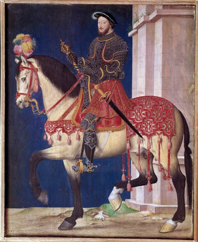 Ryttarporträtt av Francois I (1494-1547). Målning av Jean Clouets skola (1475/1485-1540) av Jean Clouet