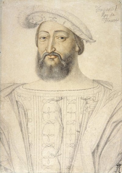 Porträtt av Frans I (1494-1547), kung av Frankrike par Clouet, Jean (ca 1485-1541). Svart krita och sangvin på papper, storlek: 31,6x22,5, första halvan av 1500-talet, State Hermitage, St. Petersburg av Jean Clouet