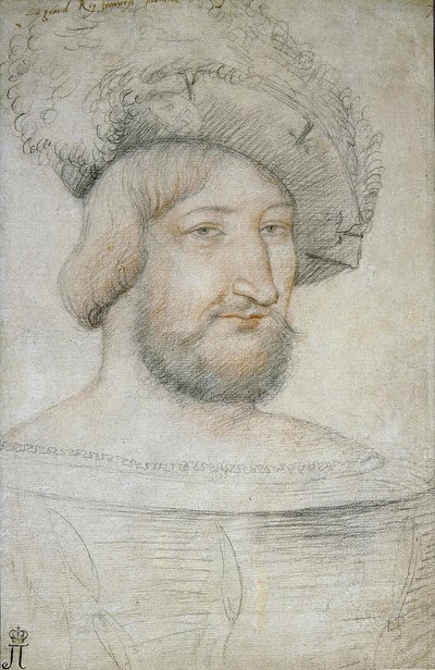 Porträtt av Frans I (1494-1547), kung av Frankrike par Clouet, Jean (ca 1485-1541). Svart krita och sangvin på papper, storlek: 29,3x19,1, första halvan av 1500-talet, State Hermitage, St. Petersburg av Jean Clouet