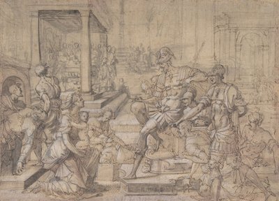 Amya vädjar till Faustus om vårdnaden om Saint Mamas, ca 1543. av Jean Cousin