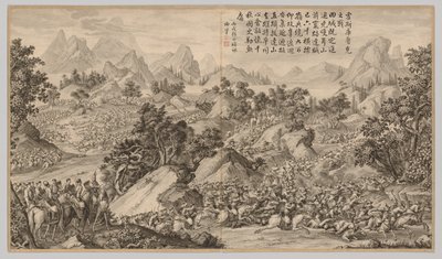 Battle at Heshi Kuluke: från Battle Scenes of the Quelling of Rebellions in the Western Regions, med kejserliga dikter av Jean Damascene Sallusti