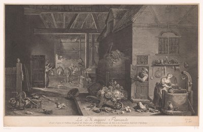 Interiör av en bondgård La Ménagere Flamande (titel på objekt) av Jean Daullé