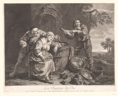 Kvinna som sover vid en tunna med vinglas i handen La Surprise du Vin. (titel på objekt) Tryck efter Le Nain (serietitel) av Jean Daullé