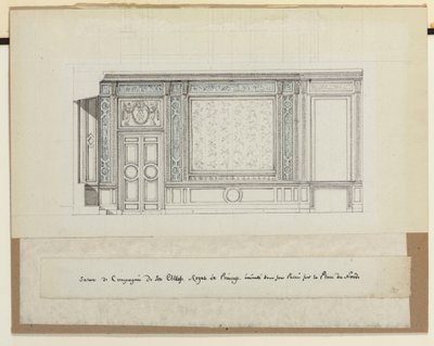 Design för väggdekorationer för Salon de Compagnie (penna, penna och bläck och tvätt på papper) av Jean Desmosthene (attr. to) Dugourc