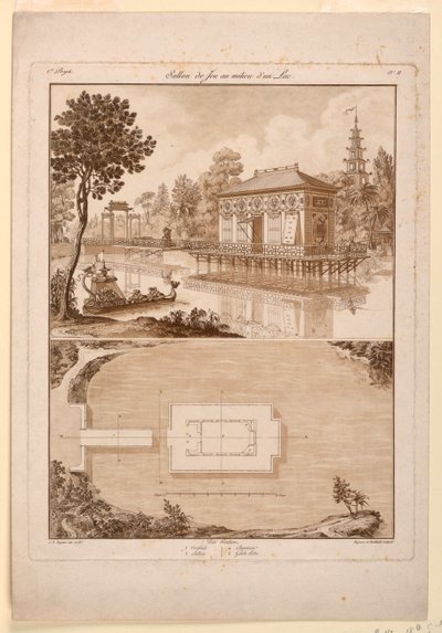 Design för en kinesisk paviljong i en sjö av Jean Démosthène Dugourc