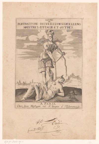 Minerva binder dumhet med ett rep Titelsida för: s.n., Livre de portraiture receuilli des excellens maistres d