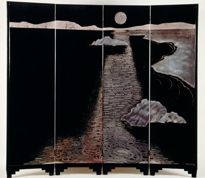 Light of moon (Claire De Lune), skärm med fyra paneler, 20:e (lackerat silver) av Jean Dunand