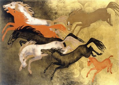 Stigande hästar, ca 1950 (lackerat trä) av Jean Dunand