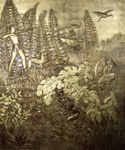 Jakten; La Chasse, ca. 1934 (förgyllt och lackat trä) av Jean Dunand