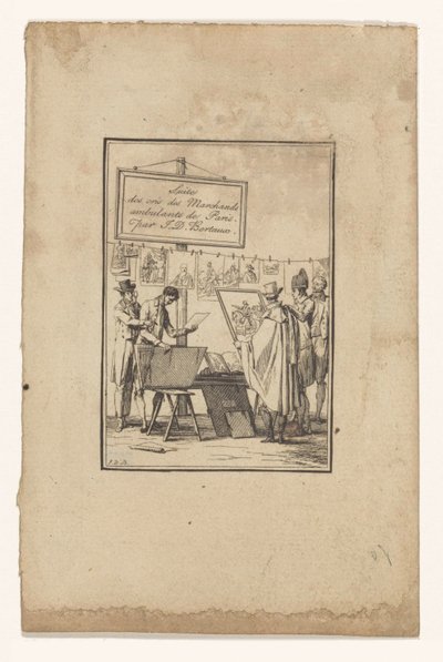 Stall hos en tryckerihandlare Suite des cris des marchands ambulants de Paris (serietitel på objekt) av Jean Duplessis Bertaux