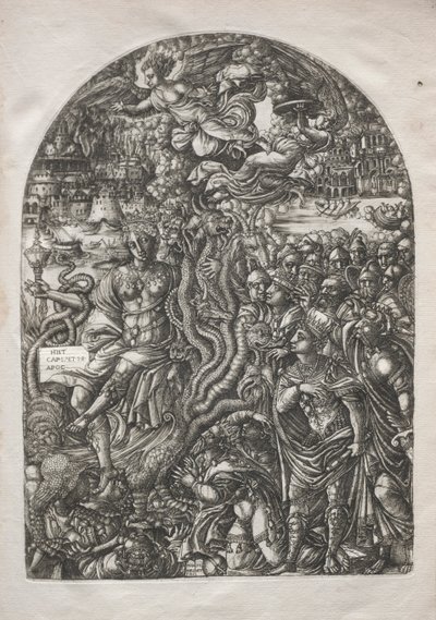 Apokalypsen: Skökan Babylon, sittande på det sjuhövdade odjuret, 1546-1556. av Jean Duvet