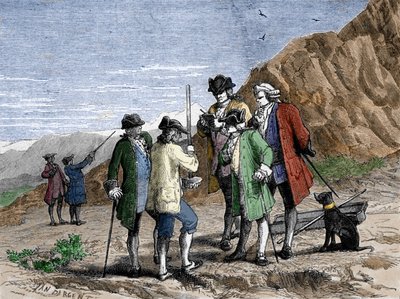 Florin Perier mäter höjdbarometern (kvicksilverrör) för Evangelista Torricelli eller Toricelli under experimentet på tyngdkraften i luften från Blaise Pascal, på toppen av Puy de Dome (1648). Gravyr av Yan Dargent. av Jean Edouard Dargent