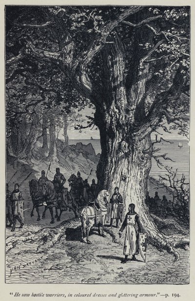 "Han såg fientliga krigare, i färgade klänningar och glittrande rustningar" (gravyr) av Jean Edouard Dargent