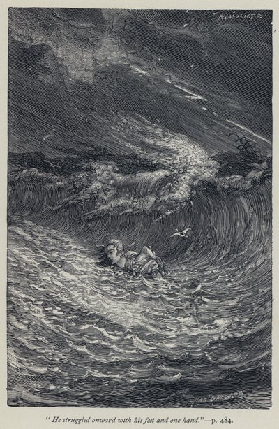 "Han kämpade vidare med fötterna och ena handen" (gravyr) av Jean Edouard Dargent