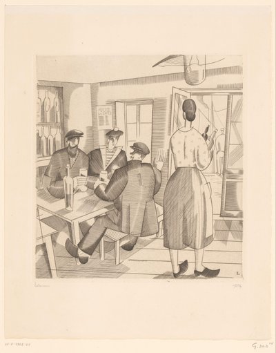 Caféinteriör med kunder och servitris Cabaret Vendeen av Jean Emile Laboureur (signed by artist)
