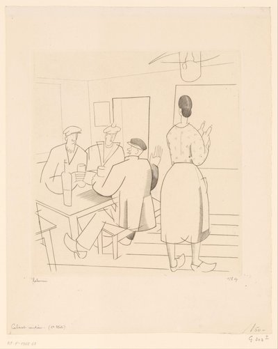 Caféinteriör med kunder och servitris Cabaret vendéen (titel på objekt) av Jean Emile Laboureur (signed by artist)