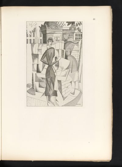 Man och kvinna vid en tidningskiosk Le kiosque a journaux (originaltitel) av Jean Emile Laboureur