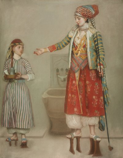 En dam i turkisk kostym med sin tjänare vid hamam, mitten av 1700-talet. av Jean Étienne Liotard