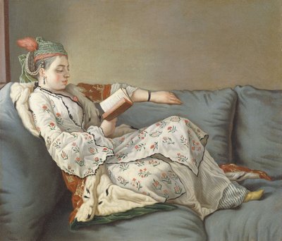 La Sultane Lisant", En dam i turkisk kostym som läser på en divan, av Jean Étienne Liotard