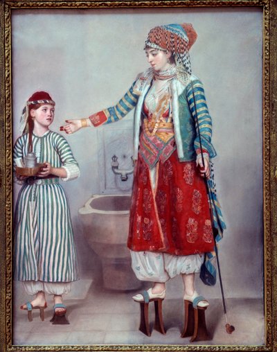 Orientalism: "" Franco dam klädd med turken och hennes slav"" De två kvinnorna bär träplattformar som används i hamam. Pastellmålning av Jean Etienne Liotard (1702-1789) 1742 Dim. 0,71 x 0,53 m Genève, musee d