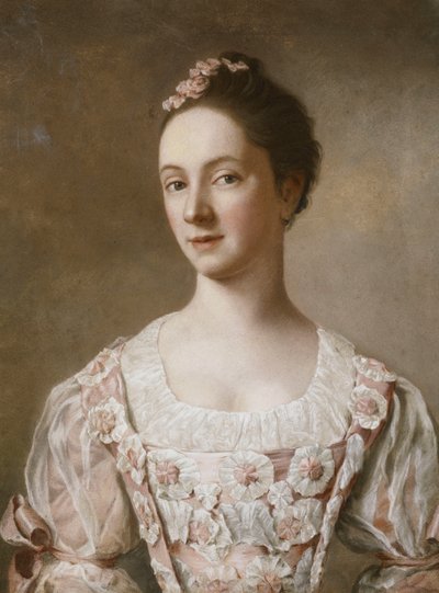 Porträtt av en dam, halvlångt, i en rosa och vit klänning, av Jean Étienne Liotard