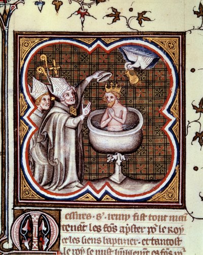 Bapteme of Clovis (466-511) av Saint Remy (Saint Remi) till Reims 496: den helige Ande tar med sig den heliga glödlampan som innehåller den heliga cherm som används för smörjelsen av kungar. Miniatyr i "" grandes chronicles de france" av Jean Fouquet (1420 av Jean Fouquet