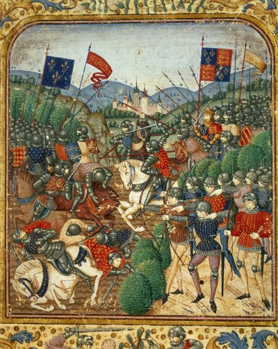 Slaget vid Azincourt (1415). Under hundraåriga kriget besegrade Henrik V av England det franska Armagnacs-partiet - i "Grandes Chronicles de France" av Jean Fouquet, omkring 1467 - 1476). Victoria & Albert bibliotek av Jean Fouquet