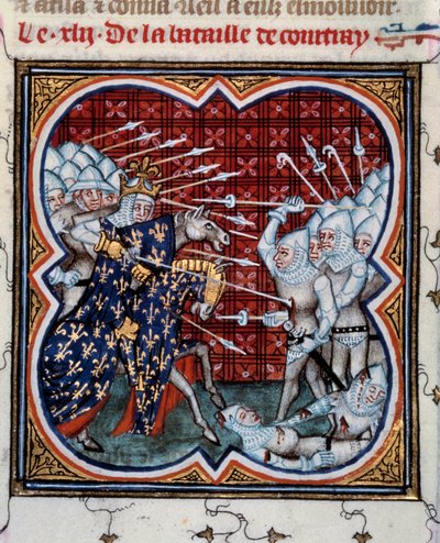Slaget vid Kortrijk mellan Filip IV the Bel (1268-1314) och det flamländska så kallade slaget vid Golden Spurs 11/07/1302 Miniatyr hämtad från "" Les grandes chronicles de France"" av Jean Fouquet (1420-1481) 1400-talet . Paris, B.N. av Jean Fouquet