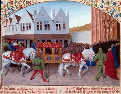 Entré av Karl IV (1316-1378) tysk kejsare 1378 i Saint-Denis. Miniatyr från "" Grandes Chronicles de France"" (Folio 442). Enlumine av Jean Fouquet (1400-talet) av Jean Fouquet