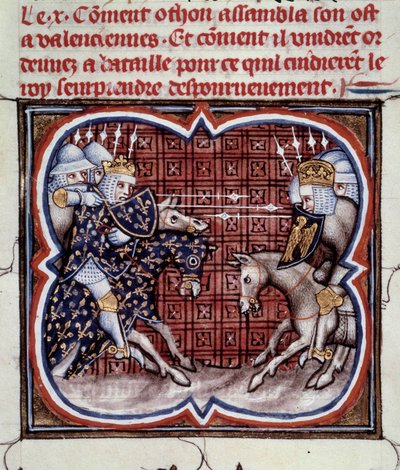 Fransk-engelska kriget (1202-1214): Slaget vid Bouvines den 27/07/1214 mellan den franska armén Philippe Auguste och flamländarna och Welfs av Othon IV. Den franska segern var avgörande för krigets utgång. Miniatyr från "Great Chronicles of France" b av Jean Fouquet