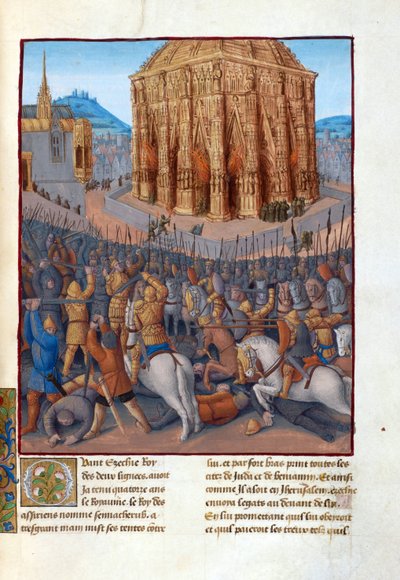 Le siege de Jerusalem par le roi de Babylone Nebuchadnessar II (604-562 före JC) - Belägring av Jerusalem av Nebukadnessar II. Illustration i Flavius ​​​​Josephus "Judarnas antikviteter" (Antiquitatum Judaicarum) av Fouquet, Jean (1420-1481). Gouache på pa av Jean Fouquet