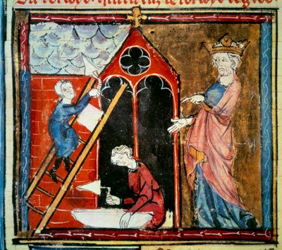 Ludvig vi le gros (1081 - 1137) övervakar uppförandet av en byggnad. Miniatyr i "Grandes chroniques de france" av Jean Fouquet (1420-1481). av Jean Fouquet