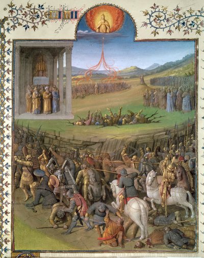 Fr 247 f.70 Hebréernas strid mot kanaanierna och tuktan av Korah och rebellerna, illustration från 