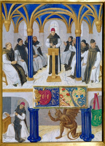 Föreställning av Sankt Bernhard av Clairvaux (San Bernardo di Chiaravalle) (1090-1153) lärare och tält av djävulen Miniatyr från "Etienne Chevaliers Timbok" av Jean Fouquet (1420-1477/1481) av Jean Fouquet