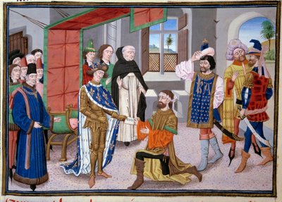 Sjunde korståget: Frankrikes kung Saint Louis (eller Ludvig IX) (1214-1270) i Nicosia på Cypern omkring 1245. Miniatyr från "Stora krönikorna" av Jean Fouquet (1420-1481). Paris, Arsenals bibliotek av Jean Fouquet