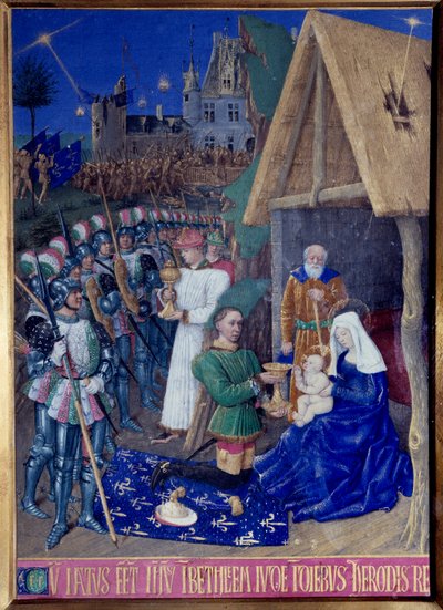 The Adoration of the Magi Miniature hentet fra "The Book of Hours of Etienne Chevalier" af Jean Fouquet (1420-1477/1481) swed av Jean Fouquet