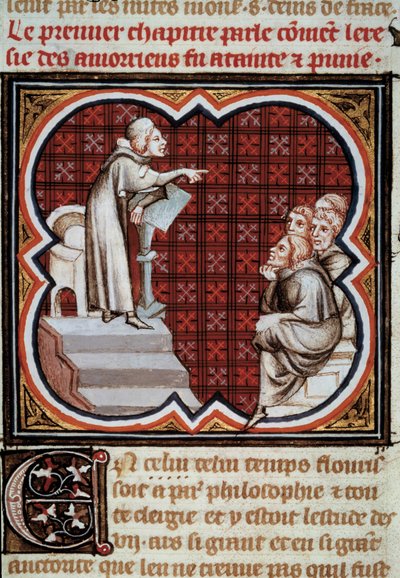 Den franske filosofen och teologen Amaury de Chartres (eller Amaury de Bene eller Amalricus de Bene) (död 1209) framför sina lärjungar (amaurikerna). Miniatyr från Les Grandes Chronicles de France”” upplyst av Jean Fouquet (1420-1481) av Jean Fouquet