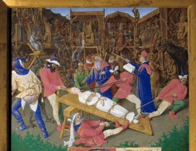 De heligas röster. Martyrium av Saint Apolline (eller Apollonia) Den kristna Saint Apolline av Alexandria torteras av Paians år 249 AD. Bödlarna drar hans hår och bryter tänderna. Emperor Dece är en åskådare. Detalj av en miniatyr tagen av Jean Fouquet