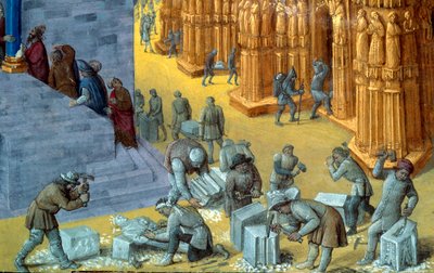 Konstruktionen av templet i Jerusalem av kung Salomo Detalj som representerar stenhuggarna. Miniatyr från manuskriptet "The Judaic Antiquities"" av Josephus Flavius (Giuseppe Flavio, Flavius Josephe) (37-100) illustrerad av Jean Fouquet (1425-1481) av Jean Fouquet