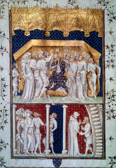 Kröningen av Karl VI (1368-1422) av jämnåriga i Frankrike den 16/09/1380. Miniatyr från Grandes Chronicles de France”” av Jean Fouquet (1420-1481) 1400-talets Paris, B.N. av Jean Fouquet