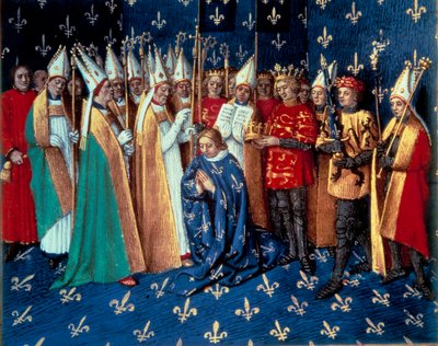 Kröning av Philippe Auguste i Reims den 1/11/1179. Miniatyr från "Krönikor från Saint Denis" av Jean Fouquet (1420-1481) 1400-talet. Paris, B.N. av Jean Fouquet