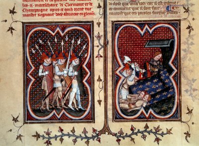 Marechauxen Robert de Clermont och Jean de Conflans mördades av Etienne Marcel (1315-1358) och hans män i delfinen Charles (blivande Karl Vs) rum i Palais de la cite den 22 februari av Jean Fouquet