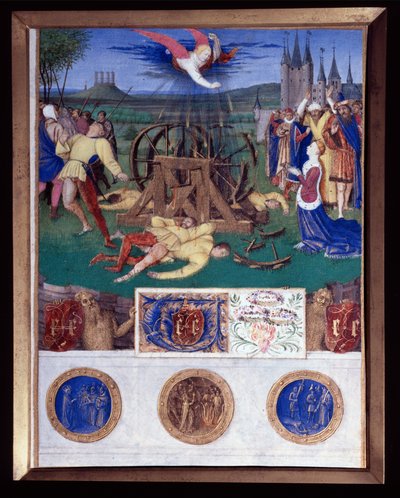 Katarina av Alexandrias martyrskap Miniatyr taget från "The Book of Hours of Etienne Chevalier" av Jean Fouquet (1420-1477/1481) av Jean Fouquet