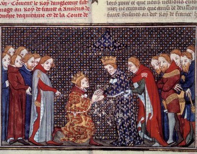 Hyllningen av kung Edward III av England (1312-1377) till Filip VI av Valois (1294-1350), kung av Frankrike, 1330. Miniatyr från "Les grandes chronicles de france" av Jean Fouquet (1420-1481) av Jean Fouquet