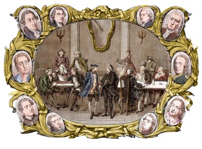 Paris - Caféet "" Procope"" på 1700-talet från höger till vänster, i medaljongerna, Georges Louis Leclerc, Comte de Buffon, Nicolas Joseph Florent Gilbert, Denis Diderot, Jean le Rond d