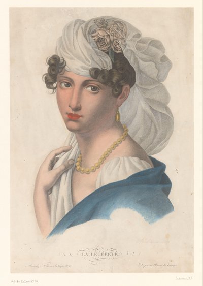 Kvinna med guldörhänge, halsband och vit slöja La Légéreté (titel på objekt) av Jean Francois Badoureau