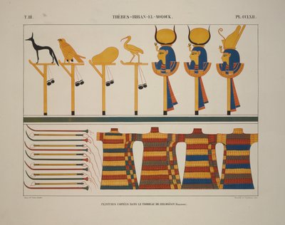 Vapen och tecken, Thebe, Biban-el-Molouk, illustration från "Monument of Egypt and Nubia, 1845 av Jean Francois Champollion
